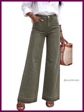 High Waisted Wide Leg Stretch Denim Jeans Raw Hem Pockets